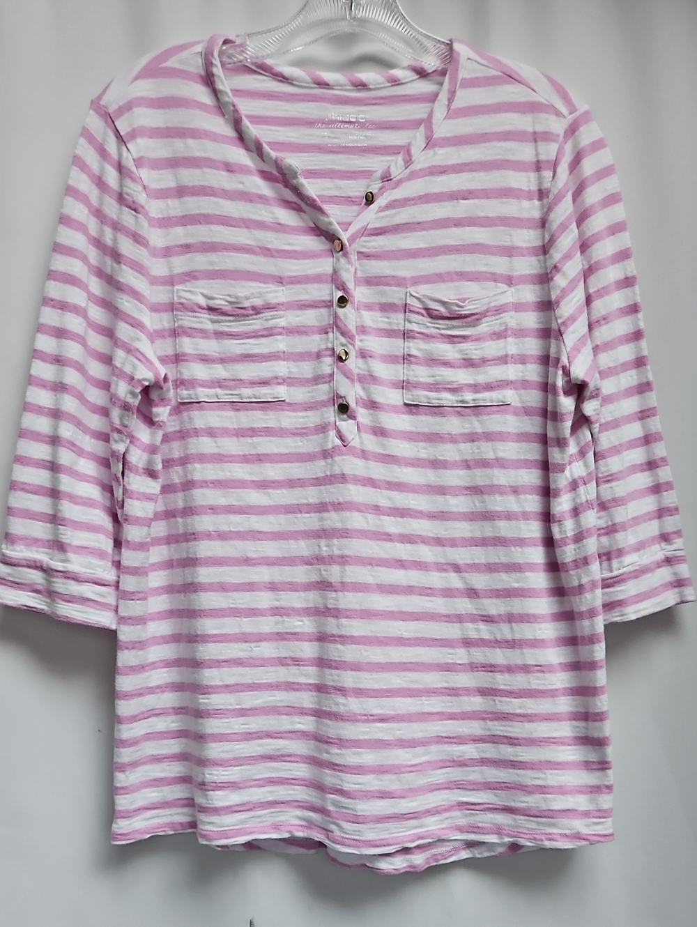 Chico's Pink Striped Henley 3/4 Sleeve Top Coastal Preppy Size Medium